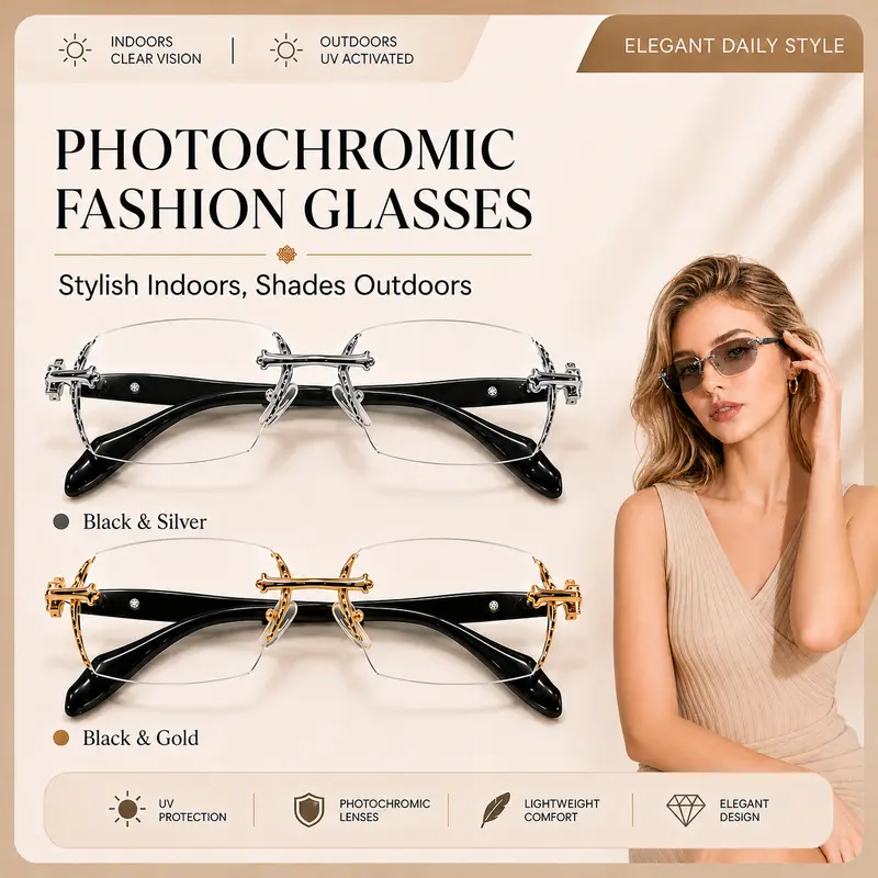 Unisex Lightweight Minimalist Frameless Glasses - Metal Temples, Photochromic Visor, Non-Prescription, UV400 Filter, UV Blocking Eyewear, Blue Light Blocking, Diamond-Cut Edges, Crystal-Clear Trendy Shades, Stylish Accessory for Outdoor Daily Wear