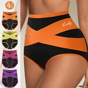 4-Pack High-Waisted Color-Block Shaping Briefs – Cross-Waist Design for Breathable Comfort, Tummy Control, and Elastic Support – Available in S-XXL, Ideal for All-Day Wear