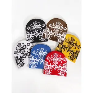 Unisex Fall Winter Beanie Hat Y2K Streetwear Knit Cap with Soft Stretch Fabric Warm Thick Ribbed Design for Outdoor Sports Casual Travel Daily Wear and Cold Weather Outfits Floral Jacquard Print