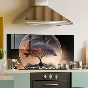 GCKG Tree inside a transparent ball against the background of thick smoke Tempered Glass Kitchen Backsplash, Stove Back Cover, Stove Splashback, Cutting Board, Kitchen Wall Decor