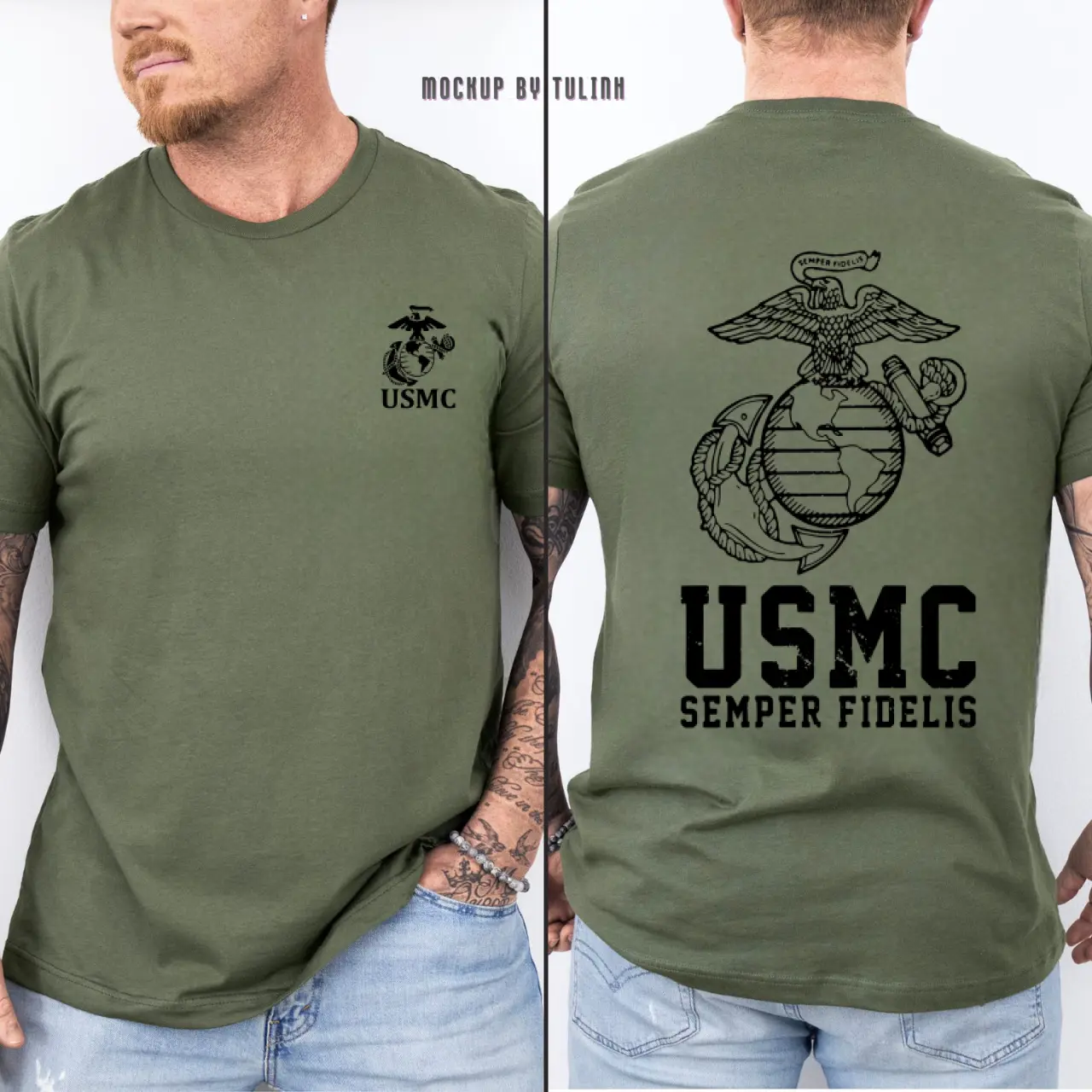 Men's Short-Sleeve Round Neck Casual Tops, U.S. Marines Patriotic Military Eagle Tee, Olive Green Army-Style Menswear, Bold 2-Sided Graphic, Veteran Pride Shirt for Men