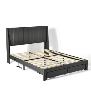 LED Bed Frame with 2-Drawer Storage, Wingback Velvet Upholstered Platform Bed