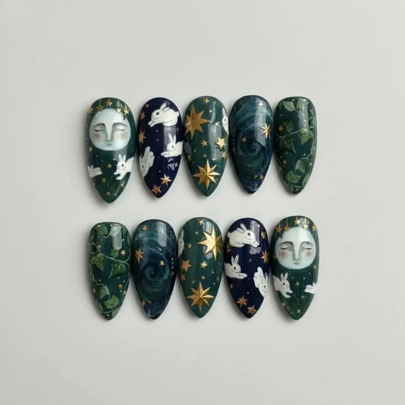 Celestial Forest Press On Nails Moon Bunnies Nail Art Mystic Woodland Nails Gold Star Night Sky Nails