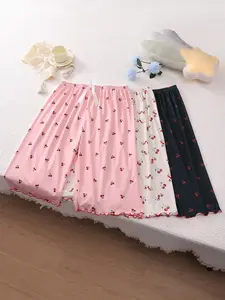 3-Pack Women's 7/8 Sleep Pants, Bowknot Cherry Fruit Print, Summer Loose Fit, Casual Home Wear, Plus Size, Rolled Hem