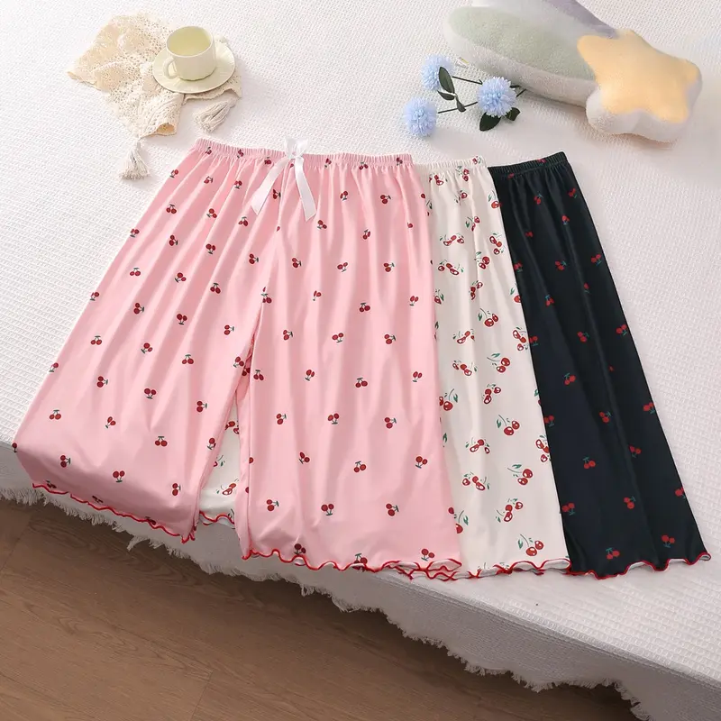 3-Pack Women's 7/8 Sleep Pants, Bowknot Cherry Fruit Print, Summer Lightweight Loose Fit, Casual Home Wear, Loungewear, Nightwear, Plus Size, Rolled Hem, Pajama, Loose Fitting Sleepwear
