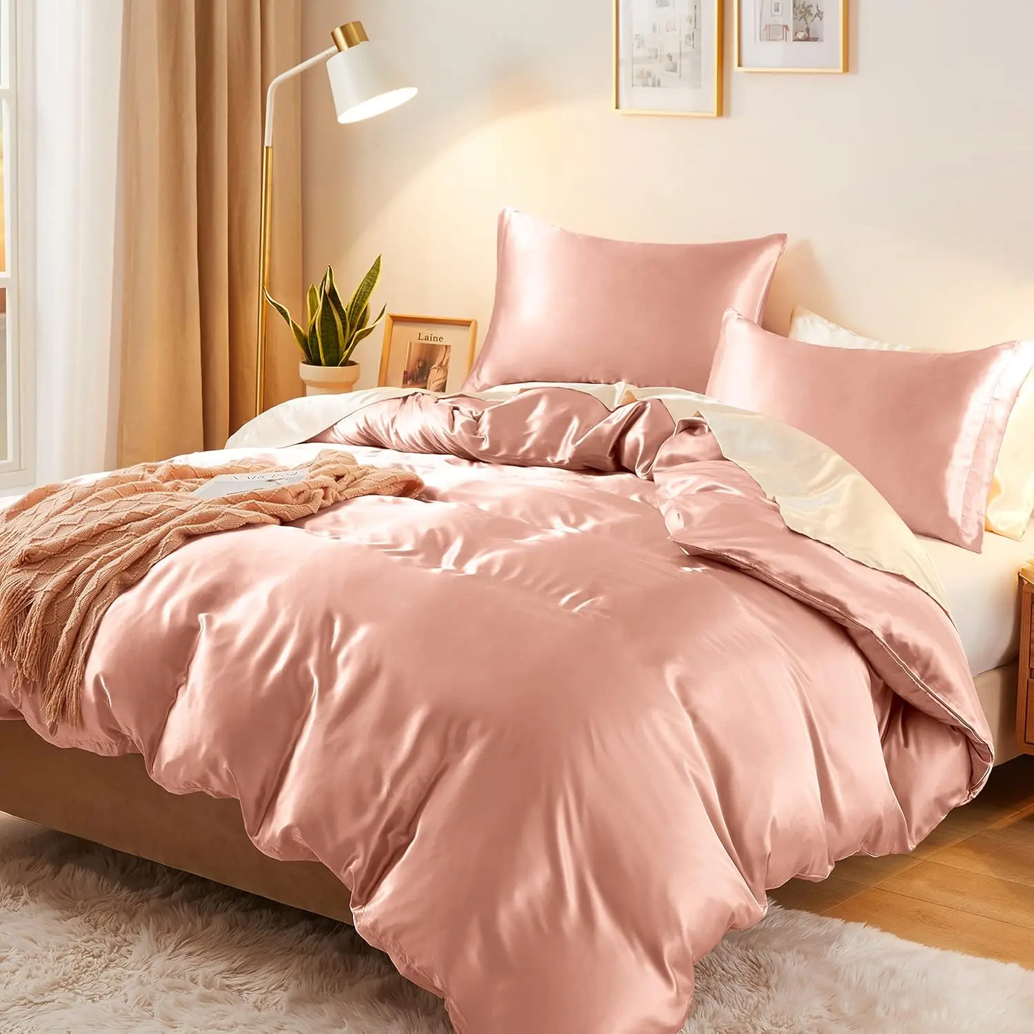 3-Piece Silky Satin Duvet Cover Set Full/Queen Size Duvet Cover, Organic Natural 400TC Rose Gold Duvet Cover Set - Luxury & Sexy Bedding Duvet Covers with Zipper Closure(No Comforter)