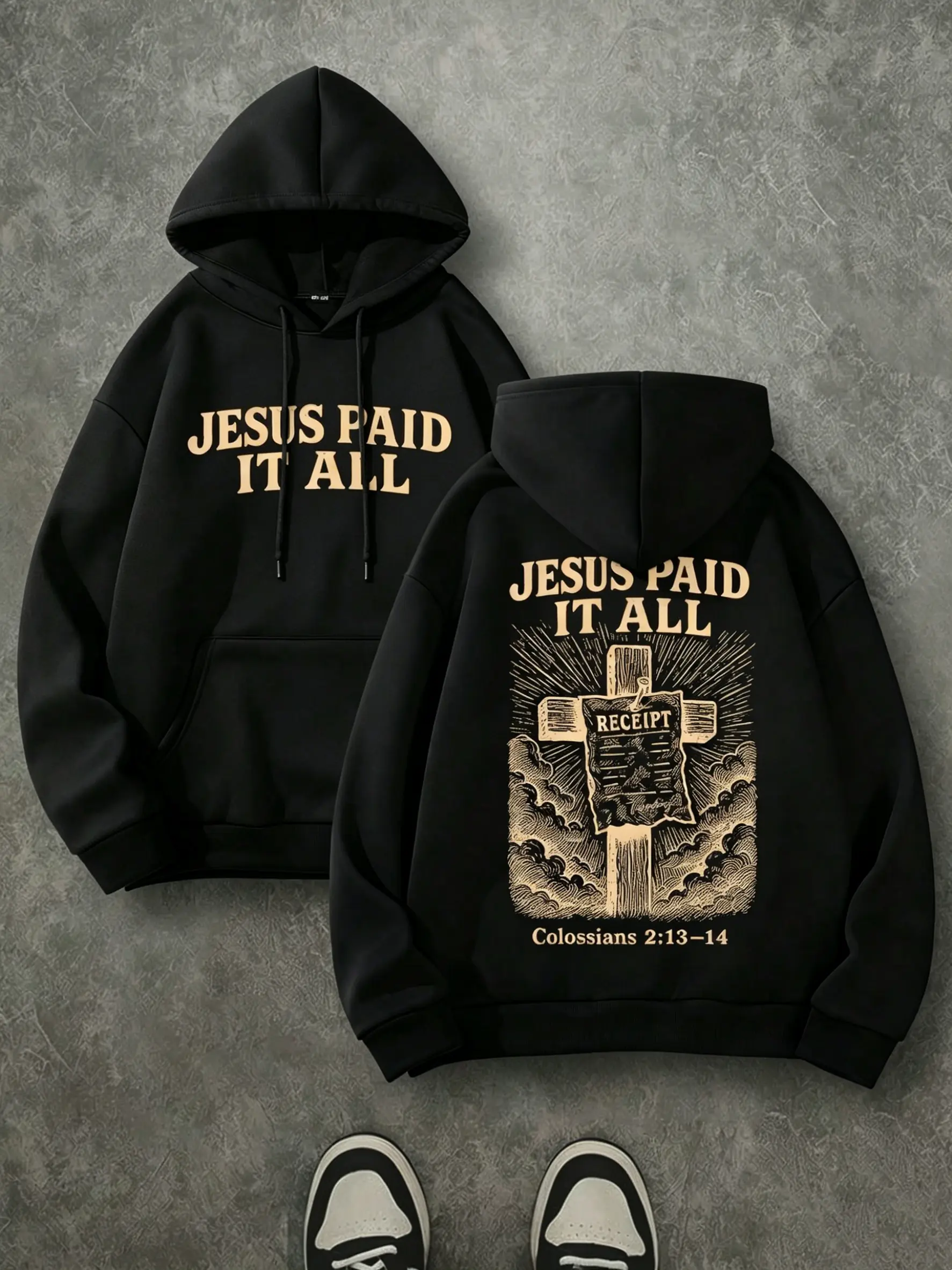 Jesus Paid It All Double Print Hoodie, 270G Brushed Fleece Vintage Cross Christian Hooded Sweatshirt, Colossians 2:13-14 Bible Verse Religious Pullover, Casual Streetwear For Men Women