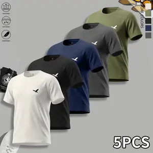 Men’s Short Sleeve T-Shirt Pack of 5 – Printed and striped collar designs, available in 5 colors; suitable for summer outdoor activities, the beach, training, and casual wear; comfortable and form-fitting.