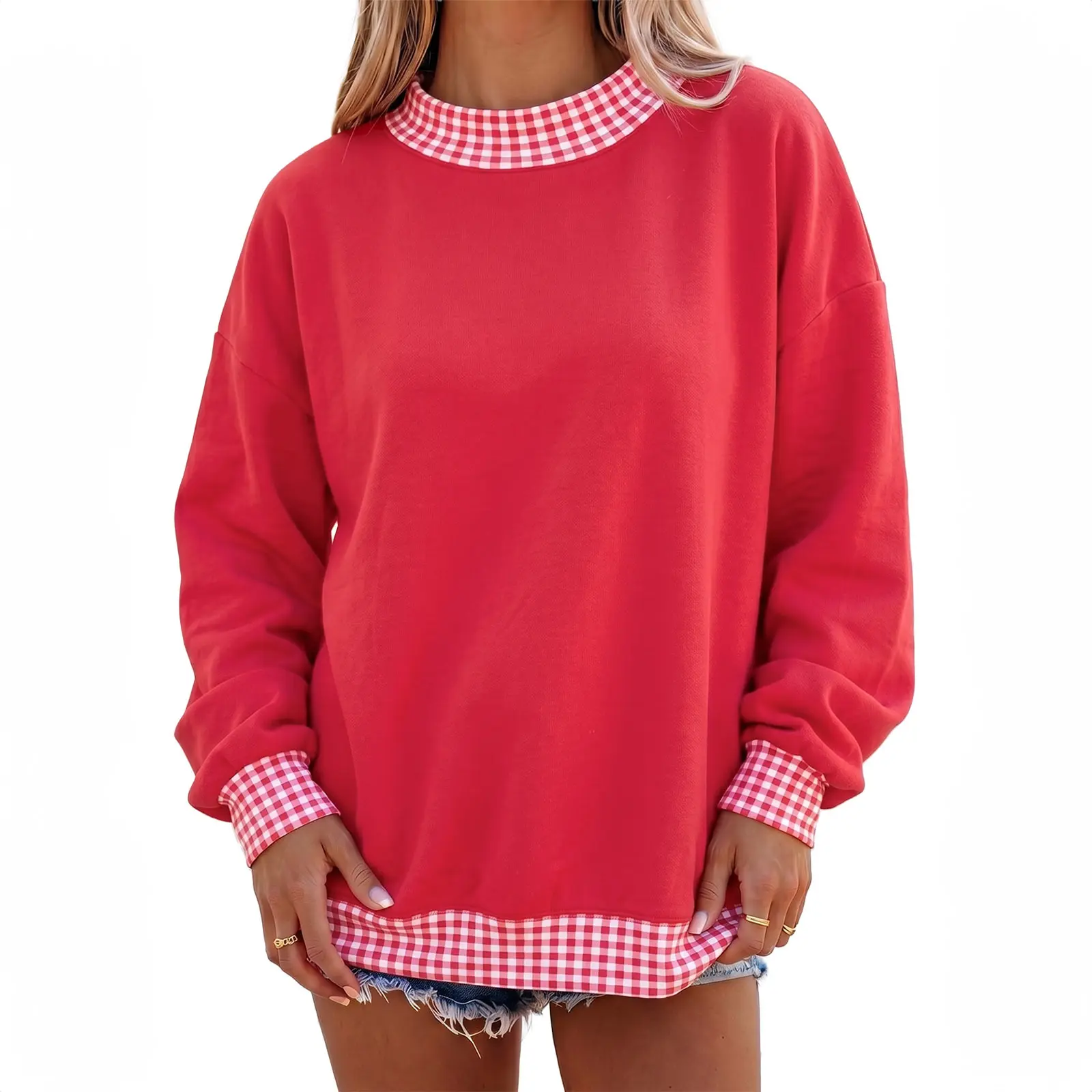 Mntaor Women's Oversized Cozy Chic Red Plaid Colorblock Christmas Outfit Pullover Sweatshirt - Crewneck with Contrast Gingham Trim, Ideal for Holiday Parties, Coffee Dates | Womenswear