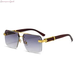 2026 New Rimless Aviator Sunglasses for Men, Wood-Grain Temples, UV400 Protection, Men's Accessories, Stylish Business & Driving Sports Eyewear, Ideal for Outdoor Activities