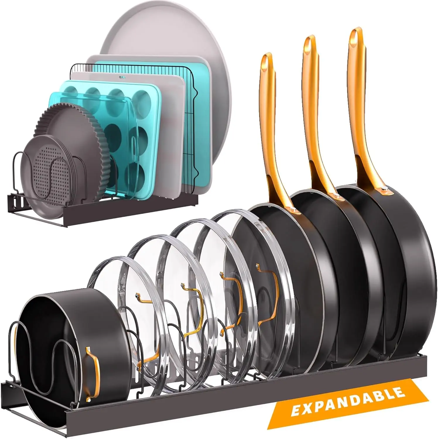 Durable Expandable Under-Cabinet Adjustable Bakeware Organizer with 11 Dividers for Cookie Sheets, Baking Pans, and Pot Lids
