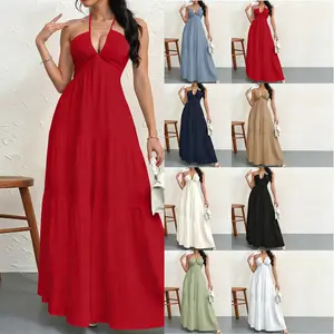 Spaghetti Strap V-Neck Light-Colored Dress, Women's Summer Tea Party Gown