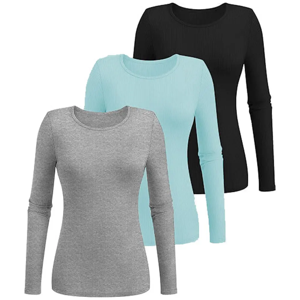 3Pack Women's Ribbed Shirts Crewneck Fitted Tops Casual Underscrubs Layer Slim Basic T-Shirts Blouses Womenwear Medium Size stylish must have oversized capsule wardrobe classic street style