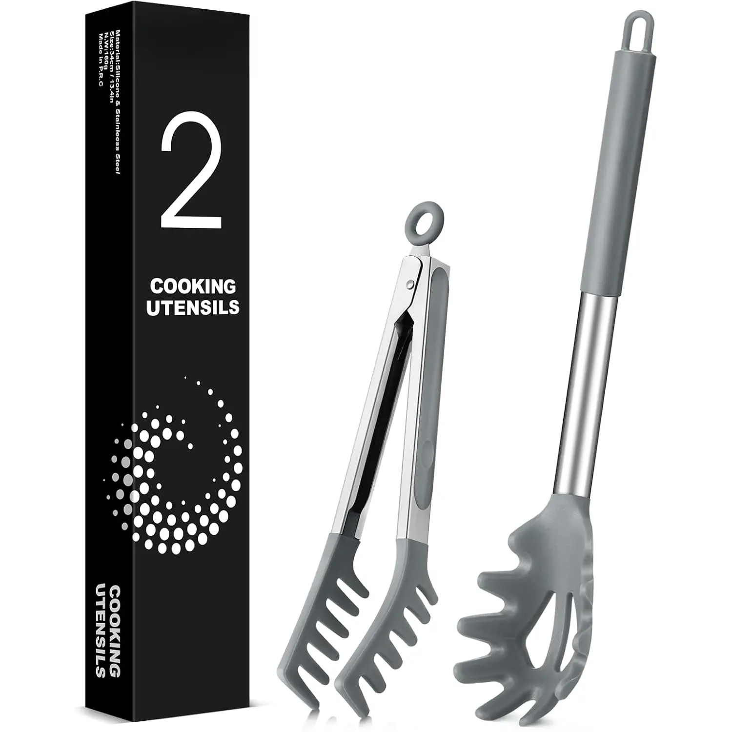 Spaghetti Spoon and Pasta Tong, Non-stick  Spoon Server Fork With  and Stainless Steel Handle,  Clip for Noodles (Grey)