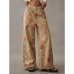 Women’s khaki yellow boho floral print wide-leg jeans with double-rolled hem and front zipper closure, regular fit denim bottoms for all seasons, bohemian trousers/pants, women’s maxi