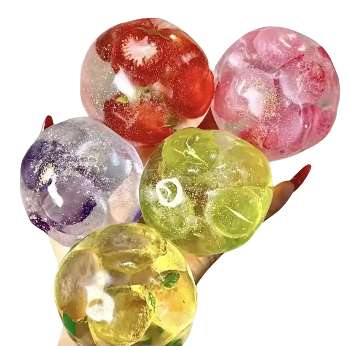 Chiboki Glass Texture Fruit Bead Squishy, Transparent Glitter Jelly Non-Rebound Stress Relief Toy, Multi Fruit Flavor Squeeze Fidget Toy, Portable Aesthetic Desk Decor, Ideal Birthday Christmas Party Favor Gift for Teens & Adults