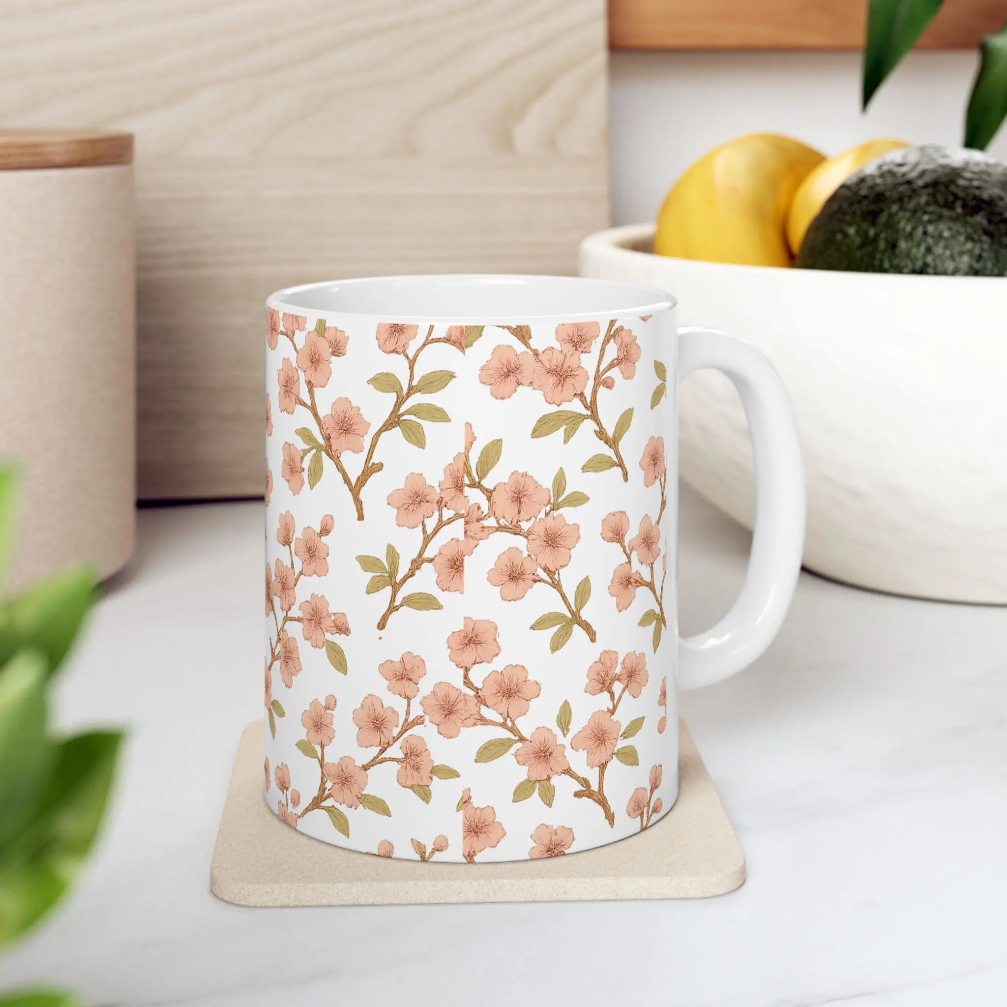 Vintage Cherry Blossom Branches Full Wrap Coffee Mug | Flowers Gift | Ceramic Mug