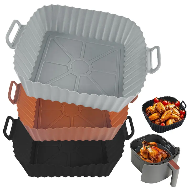 3-Pack Square Reusable Silicone Air Fryer Liners - 4.5-inch Diameter, 4.5" Fits Most, Food Grade, 428°F Heat Safe, Even Heat Lines, Handle Grip, Microwave Friendly, Dishwasher Safe (Easy Cleaning), Home Kitchen Appliance Part, Great Gift Idea