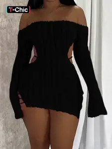 Women's Black Off Shoulder Dress Cut Out Sweater Dress Long Sleeve Mini Dress Strap Detail Sexy Bodycon Knit Clubwear Party Outfit Y2K Going Out Slim Fit Bardot Neckline Hollow Side Stretchy Rib Knit Autumn Winter Night Out Dress Aesthetic Short