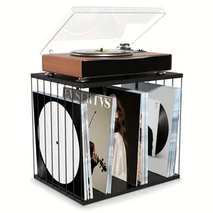 Vinyl Record Storage Unit for 1pc, Featuring a Combination of Metal And Wood, Metal Storage Rack, Capable of Holding Up to 80 Albums. It Includes a Three-Compartment Stand Suitable for Magazines, Books, Files, And Albums