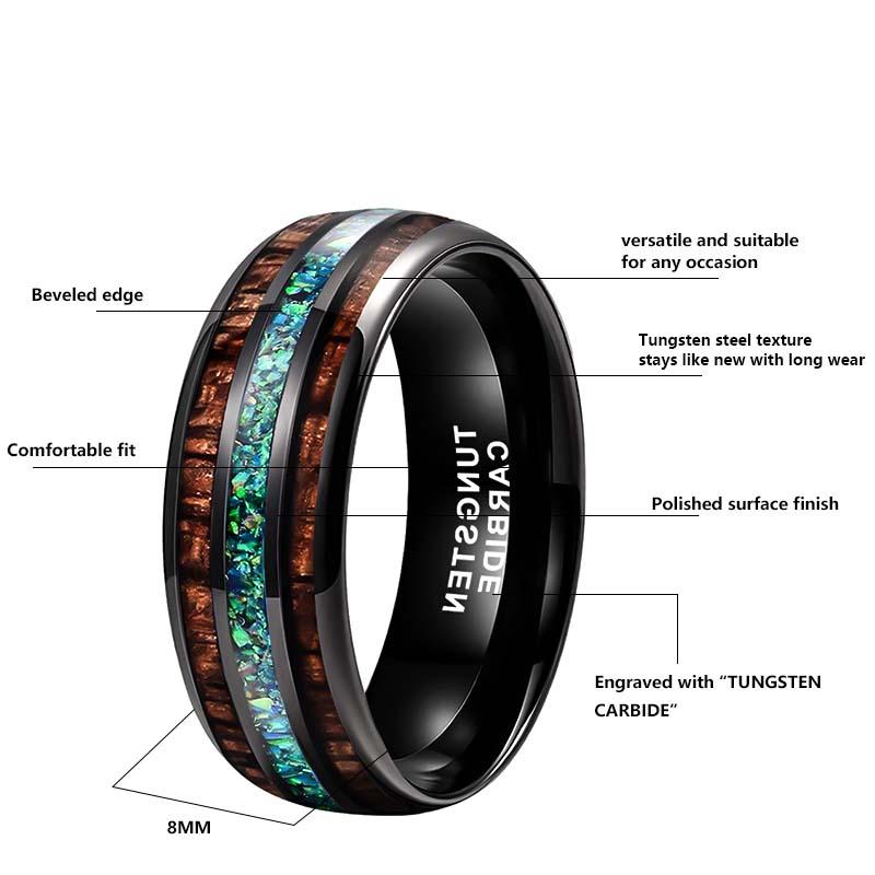 Men's 8mm Natural Wood Green Opal Inlay Tungsten Wedding Band Comfort Fit Scratch Resistant - Yonifu Durable Glow Promise Ring Gift for Him