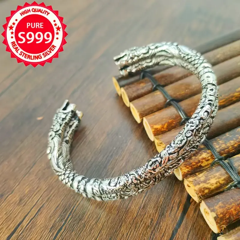 Pure Silvery bangles bracelets Silvery  Vintage Style Dragon Head Opening Silvery Bracelet - Adjustable Silvery Bracelet for Men and Women, Suitable for Holiday Gifts bracelet stack friendship bracelets italian charm bracelet bangles bracelets