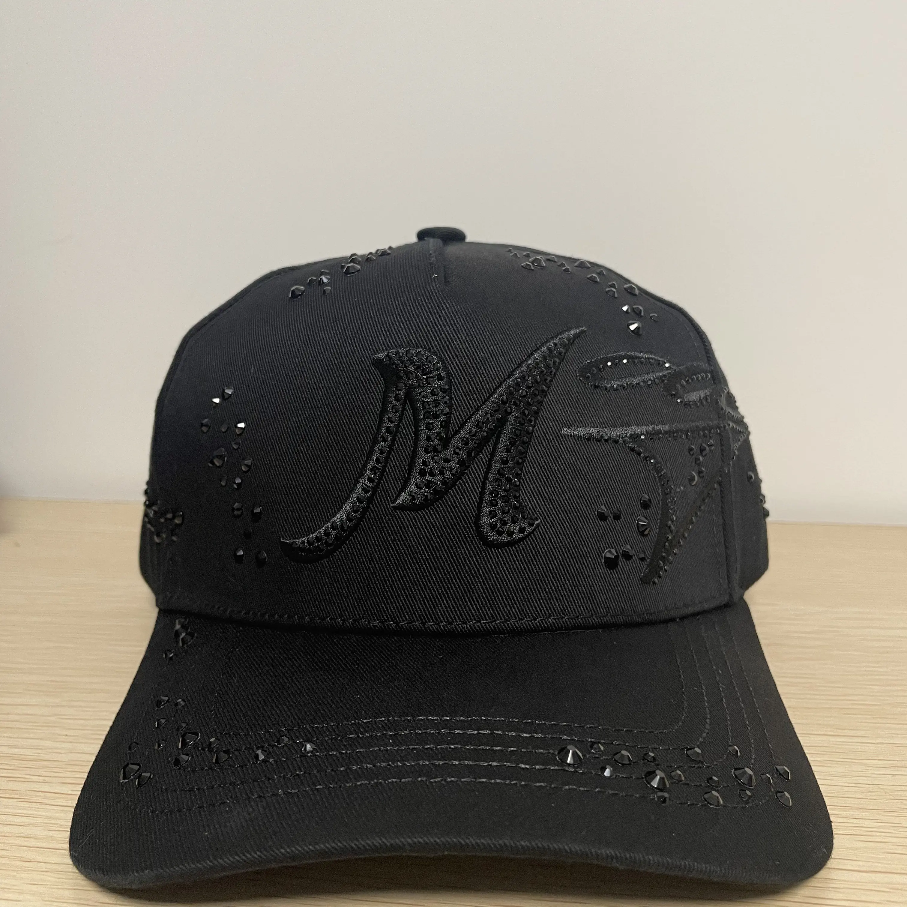 All Black Rhinestone Cursive Letter M Baseball Cap, Scattered Diamond Studs Twill Unisex Luxury Hip Hop Streetwear Hat
