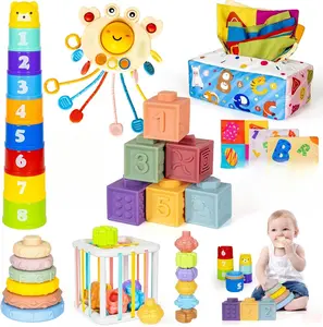 6 in 1 Montessori Toys for Babies Newborn Stacking Block Soft Infant Ring Shape Learning Sensory Bin Pull String Teething Toy Tissue Box for Toddlers 18M+ 2 3 Year Old Boy Girl Gift