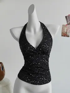 Women's Fashion Elastic Comfort Casual Vacation Style Rhinestone Waist Gathered Design Halter Tie Back Tank Top Casual Sleeveless Cami