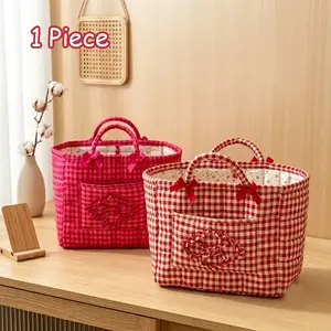 🎀 Coquette Room Decor | 1 Pc Bowknot Storage Basket | Cute Quilted Plaid Desktop Organizer Tote