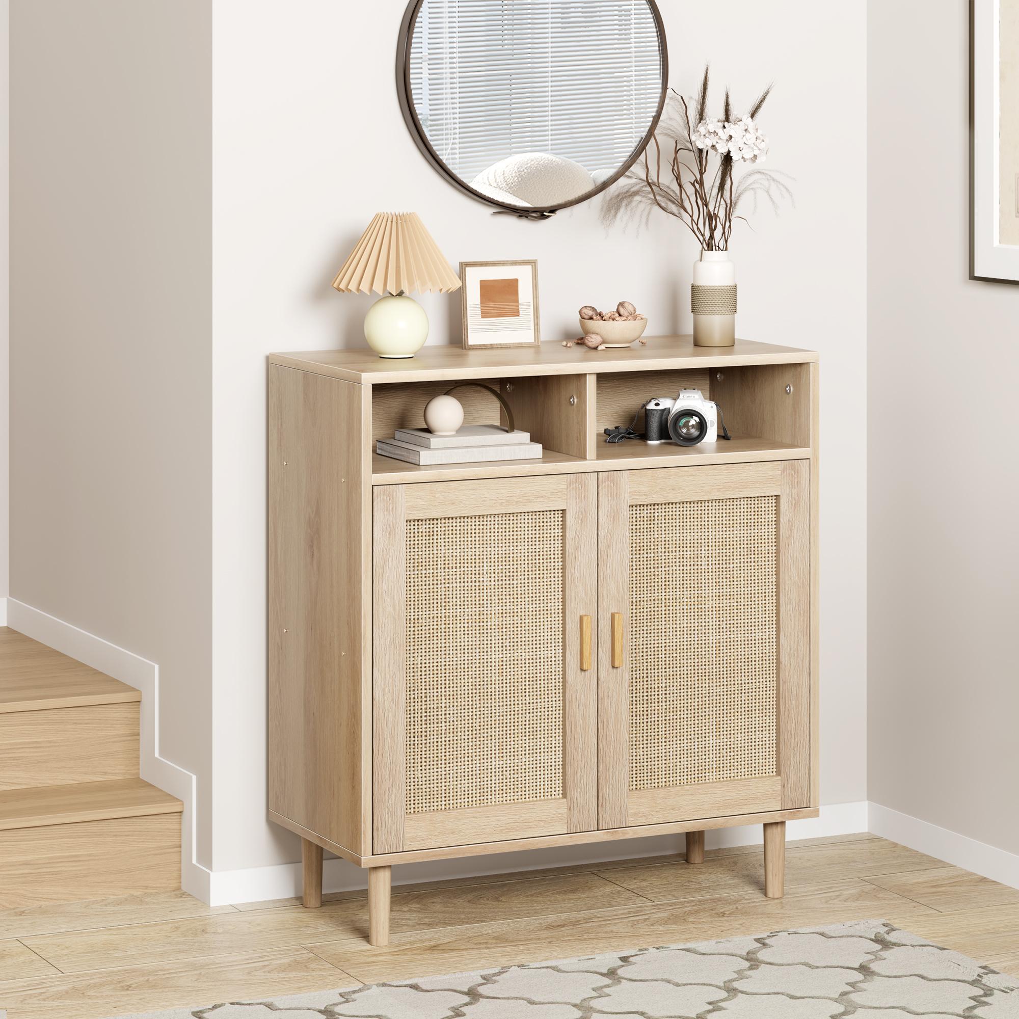 Modern Rattan Buffet Cabinet Set of 2, 4-Door Sideboard with Adjustable Shelves, Non-Toxic MDF Smooth Tabletop, Multipurpose Storage for Kitchen Dining Living Room Entryway, Ideal as Coffee Bar & TV Stand