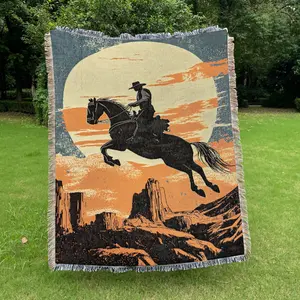 Bohemian style Fast horses and cowboys pattern fringed jacquard carpet - Soft, durable, washable, easy to care for, non-fading and non-degrading, suitable for beds, sofas, chairs, wall hangings, tablecloths, office small blankets, picnics, outdoor camping