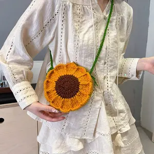 Women's Versatile Crochet Shoulder Bag Small Handmade Sunflower Crossbody Purse Holiday Messenger Bag