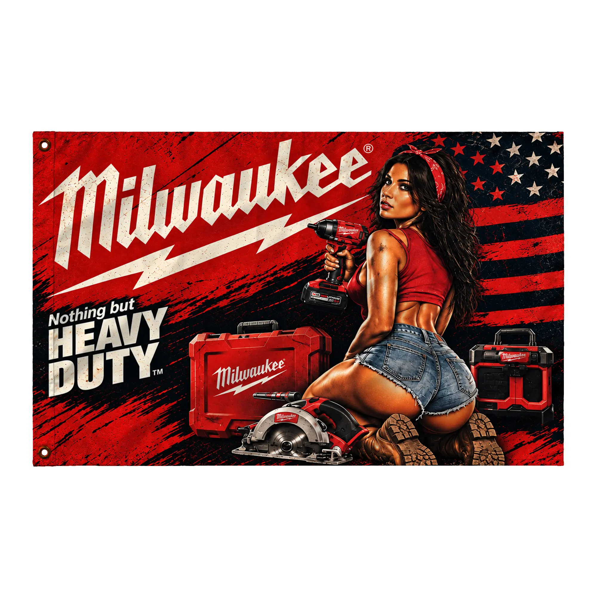 Heavy Duty Workshop Pin Up Tapestry, Retro Female Mechanic with Power Tools Wall Hanging, Industrial Garage Decor, Workshop Accent, Man Cave Backdrop, Tool Room Artwork, Automotive Inspired Gift for Makers and DIY Fans Decor
