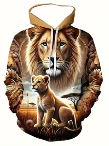 Men's Long Sleeve Hoodie with Drawstring Pocket, Casual Fitted Design, All Season Wear, Stylish Graphic Print Lion Sweatshirt