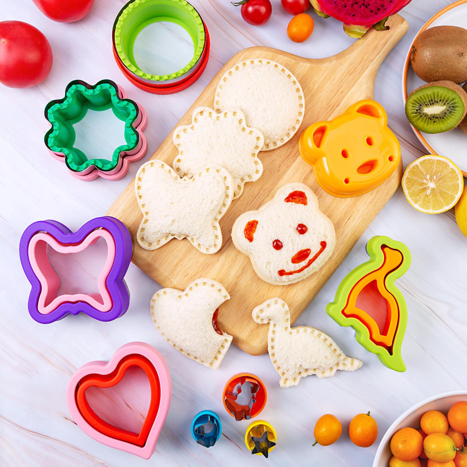 48Pcs Kids Sandwich Cutter and Sealer Set with Food Picks Dinosaur Star Heart Mouse Shapes Fruit Vegetable Cutter for Bento Box Lunch Box Back to School Supplies