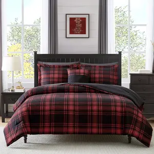 Full Size Comforter Sets, Red Black Plaid Comforter Set 7 count, All Season Bedding Sets Full, Festival Bedding Warm and Breathable 80"*90"(Red, Full)