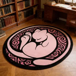 Pink and black curly patterned sleeping cat circular carpet, retro contrasting color plush floor mat, study bedroom anti slip and wear-resistant foot mat, sweet and cool personalized atmosphere decoration mat, suitable for ins style/retro gothic home deco