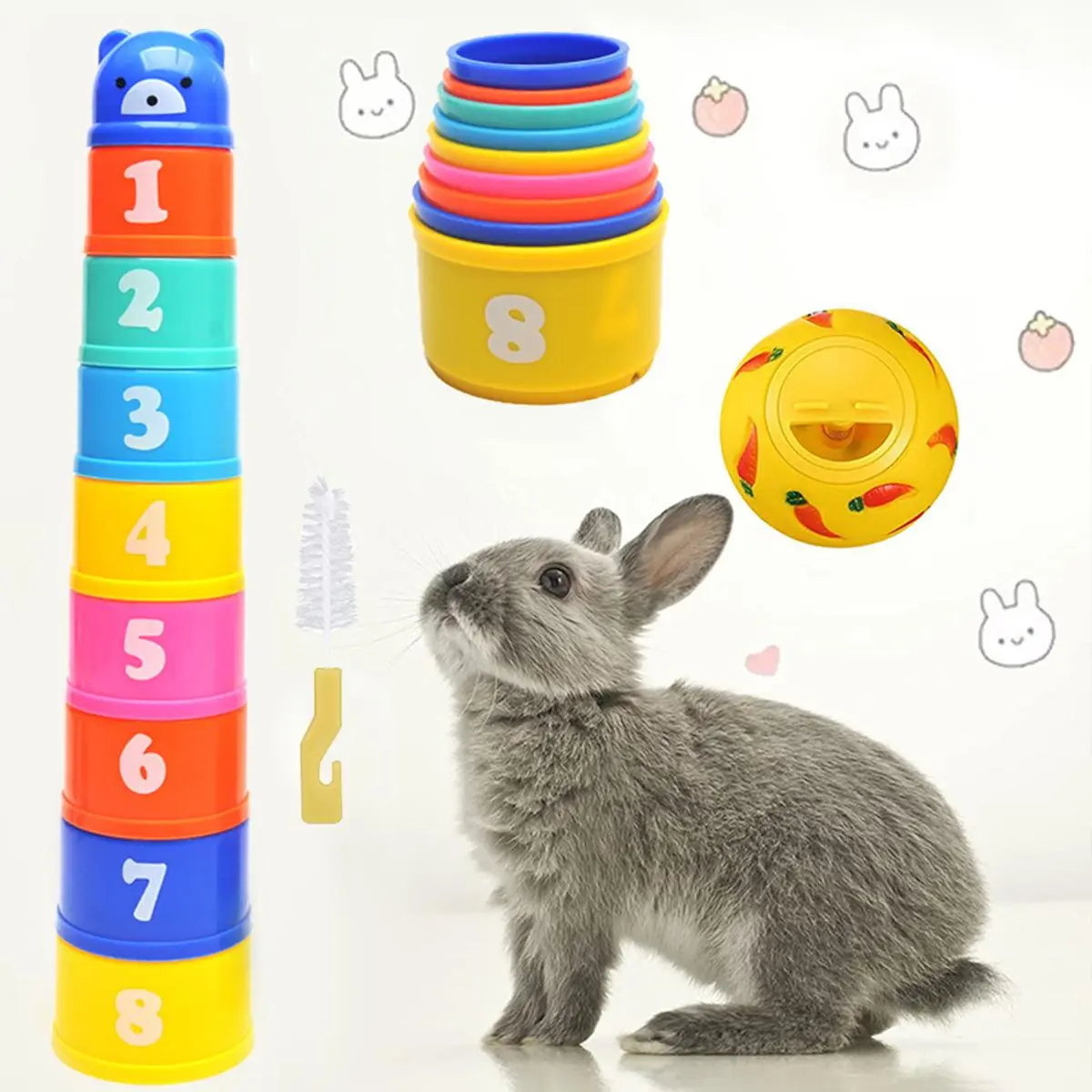 Random Color Stackable Cup Rabbit Toy Bunny, 11pcs/set Stack Cup Rabbit Toy, Pet Leakage Food Ball Toy For Pet Rabbits