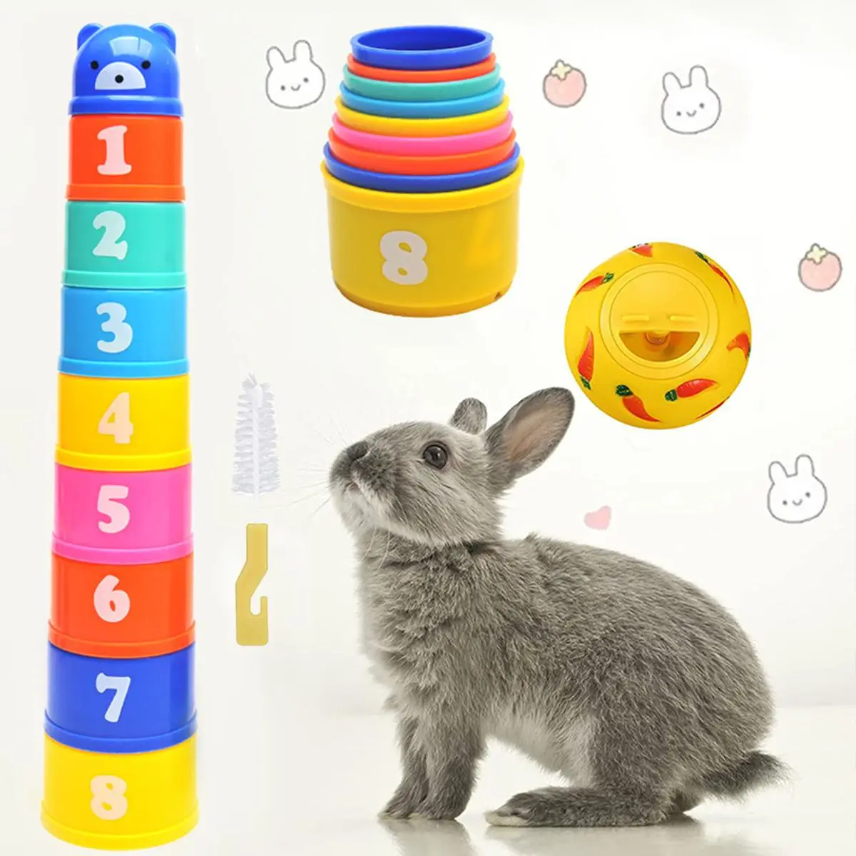 Random Color Stackable Cup Rabbit Toy, 11pcs/set Stack Cup Rabbit Toy, Pet Leakage Food Ball Toy For Pet Rabbits