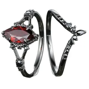 Marquise Amber Ring Set - Gothic Bronze Color New Dark Style Red Zircon Ring Lava Vintage Marquise Gunmetal Black Couple Rings for Women