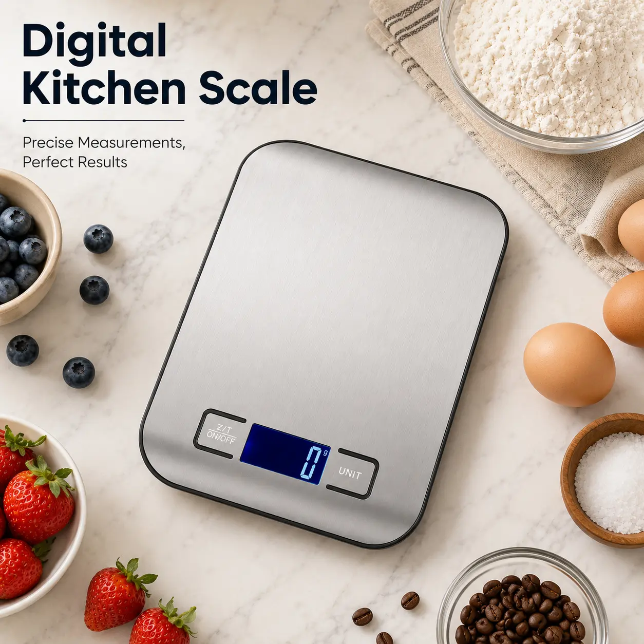 Stainless Steel Digital Food Scale with Tare Function, 1 g Graduation, Multi-Unit LCD Kitchen Scale for Baking, Coffee, Cooking & Meal Prep