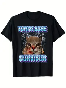 Men's Funny Medieval Cat Warrior T-Shirt with Tummy Achy Survivor Humor - Heavyweight gsm Oversized Relaxed Fit - Black & Blue Medieval Knight Cat Design with IBS/FIBS Awareness Ribbon - Casual & Costume Party Outfit - Machine Washable Funny Graphic Tee