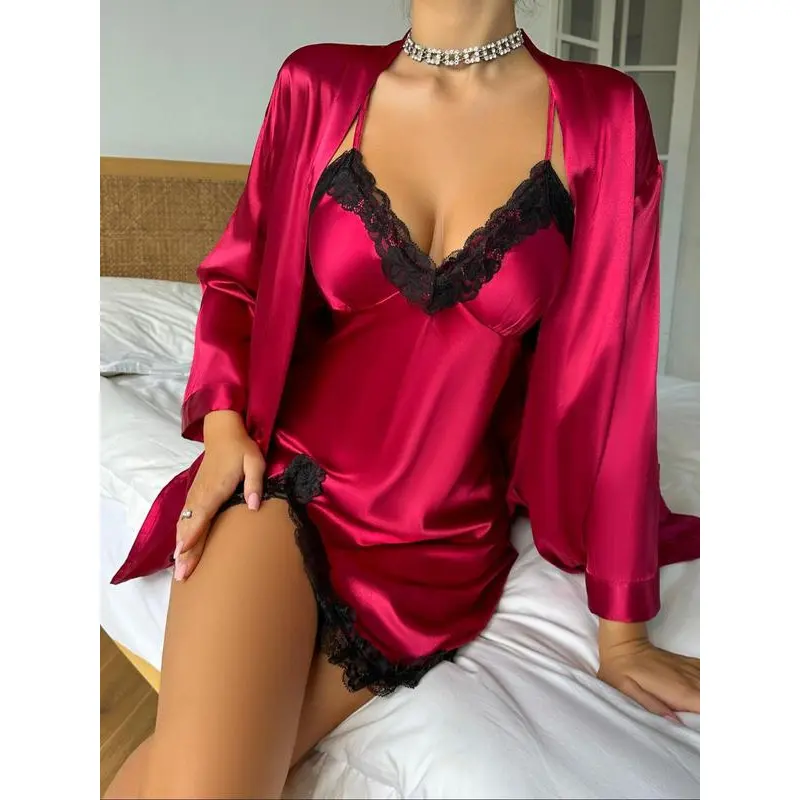 Two-piece Set Women's Solid Belted Satin Robe & Contrast Lace Split Thigh Cami Nightdress Pyjama Set, Elegant Comfy Drop Shoulder Long Sleeve Robe & Cami Nightdress Pj Set, Women's Sleepwear for Spring & Fall