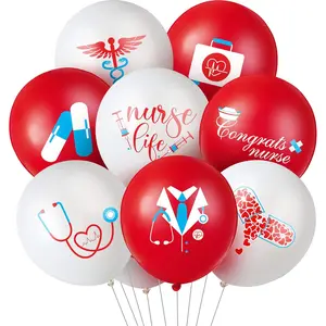 48 Pieces Nurse Balloons 12 Inch Congrats Nursing Latex Balloons Bulk Party Decoration Supplies Nursing School Graduation Decoration For Christmas Gifts Nurse Week Cna(Red And White)