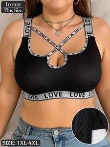 Plus Size Women's No Underwire Bralette, Cross Shoulder Straps, Letter Print Design, Sexy Ladies' Lingerie, Womenswear Style for Daily and Special Occasions, Underwear
