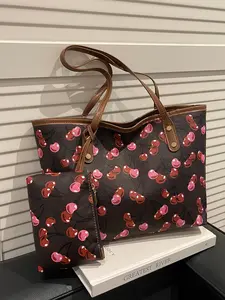 Women's Fashion Cherry Pattern Handbag and Wallet Set, Unique Pattern, Casual Large Capacity Shoulder Bag, Trendy Multifunctional Commuter Bag