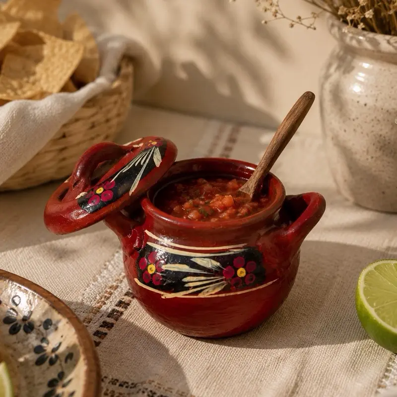 Handmade Mexican Mini Clay Ceramic Pot with Lid and Handle - 3.5-4" Small Serve Traditional Folk Crafted Rustic Cookware, Floral Art Design for Coffee Bar Decor, Altar Setups, Mini Barro Charm Kitchenware