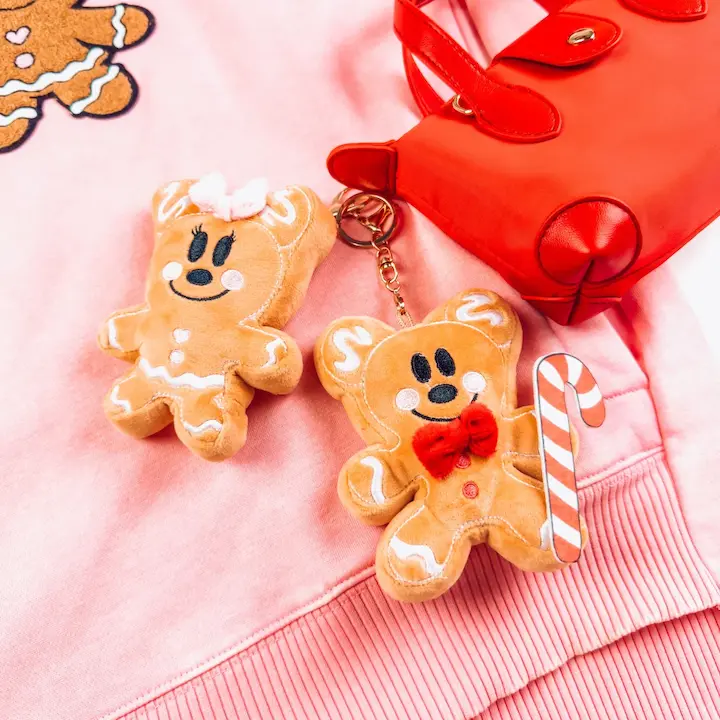 5" Very Merry Gingerbread Plush Charm with Gold Hardware, Red Bow Tie, Pink Hair Bow, Lobster Clip, Keyring Loop - Festive Holiday Luggage Accessories, Backpack Decor, Charms for Bags
