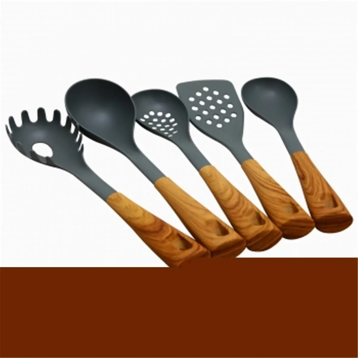 Oster 112066.05 Everwood Kitchen Nylon Utensils Set - 5-Piece, Wood-Inspired Handles, Durable Nylon Tools Set for Daily Cooking, High Heat Resistant, High Heat Res., Solid Design